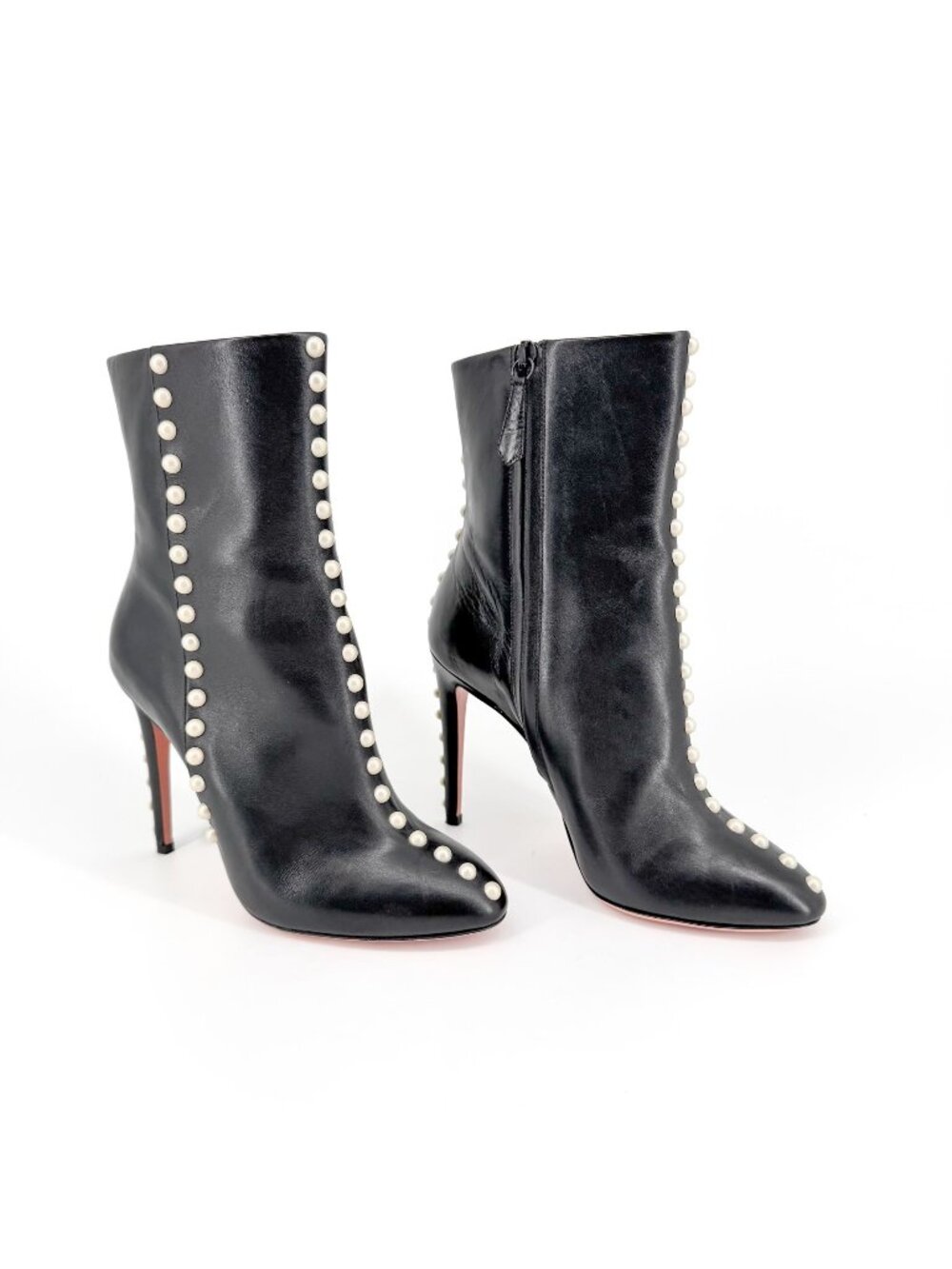 Aquazzura Follie Pearl Black Leather Ankle Boots High Heels Size 37 US 7 Women's